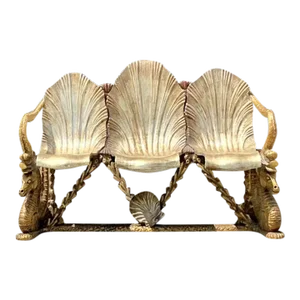 Vintage Coastal Venetian Gilt Carved Grotto and Seahorse Bench