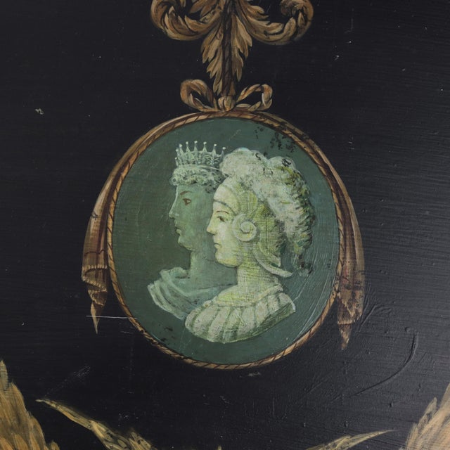Metal Vintage Hand Painted Tole Tray Black Lacquer With Classical Cameo Portrait and Golden Owl Motif For Sale - Image 7 of 18