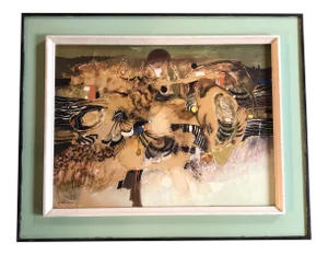 Original Vintage Abstract Encaustic/Oil Painting Mid Century Modern Original Frame