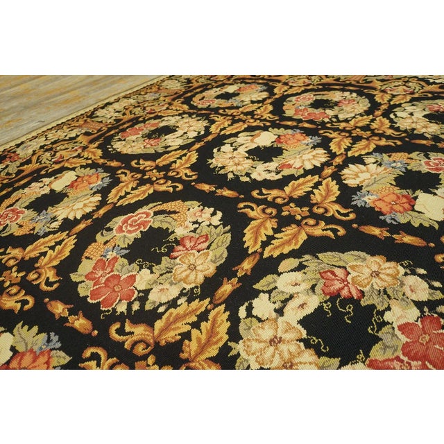 1980s Black Roses Circle Vintage Chinese European Needlepoint Woven Wool Rug For Sale - Image 10 of 11