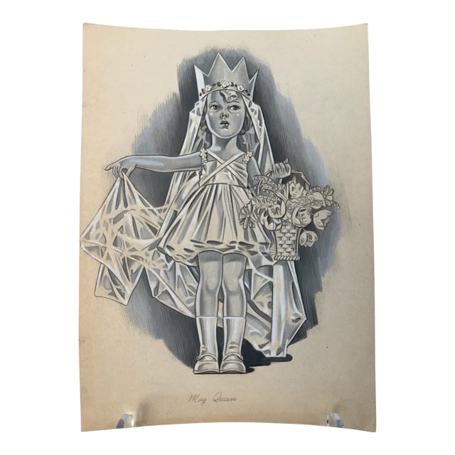 1940s Original Signed Graphite Illustration of May Queen Child Portrait, 10.5 × 7.5 In. For Sale