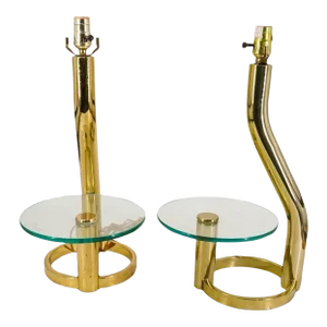 Set of 2 Mid-Century Modern Brass & Glass Table Lamps
