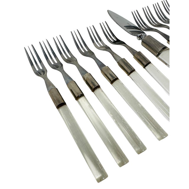 Mid-Century Modern Vintage Frontier Forge Lucite Flatware Set of 13 | MCM Service for 12, Cake Forks and Server | Clear Acrylic Japan Retro For Sale - Image 3 of 13