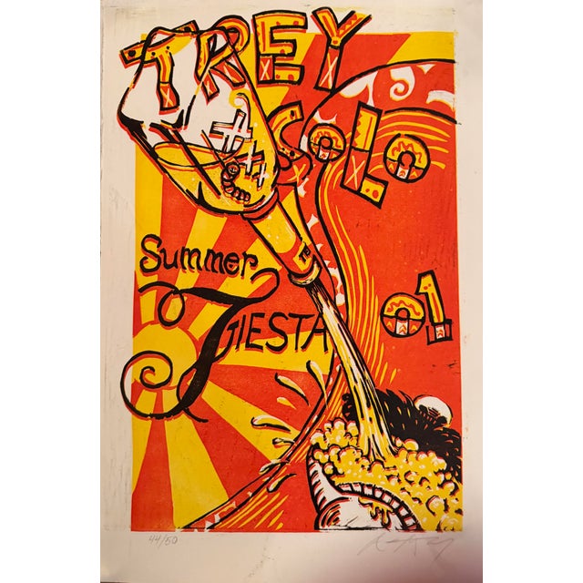 Limited-edition concert poster created for Trey Anastasio’s 2001 summer solo tour. The playful composition features a...