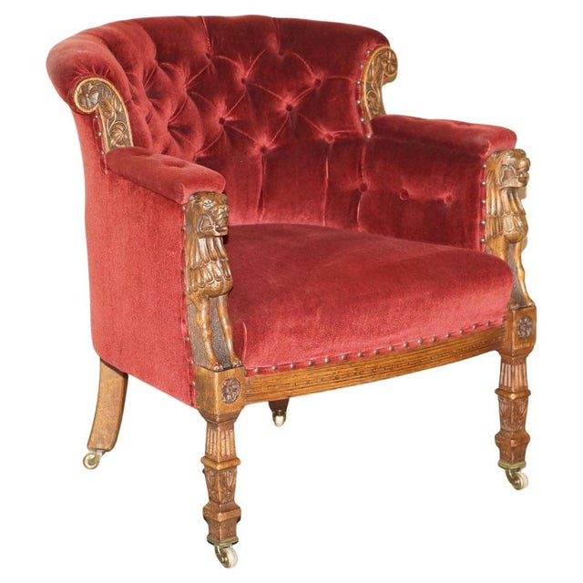 Regency Lions Head Carved Oak Armchair with Oxblood Velour Upholstery, 1810s For Sale - Image 17 of 17