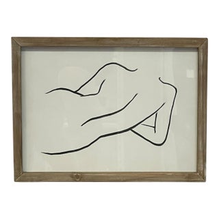 1970s Contemporary Minimalist Reclining Nude Figure Line Drawing in Wood Frame. For Sale
