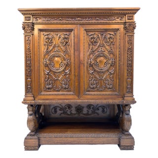 Antique French Renaissance Revival Carved Oak Hunt Cabinet / Buffet For Sale