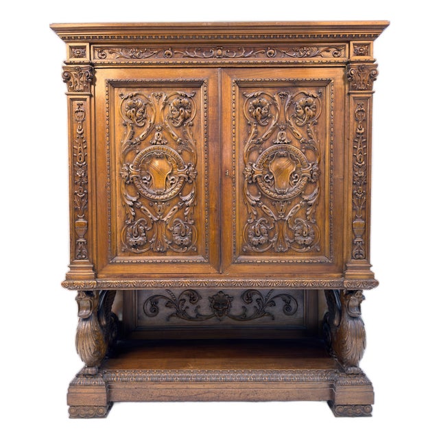 Antique French Renaissance Revival Carved Oak Hunt Cabinet / Buffet For Sale
