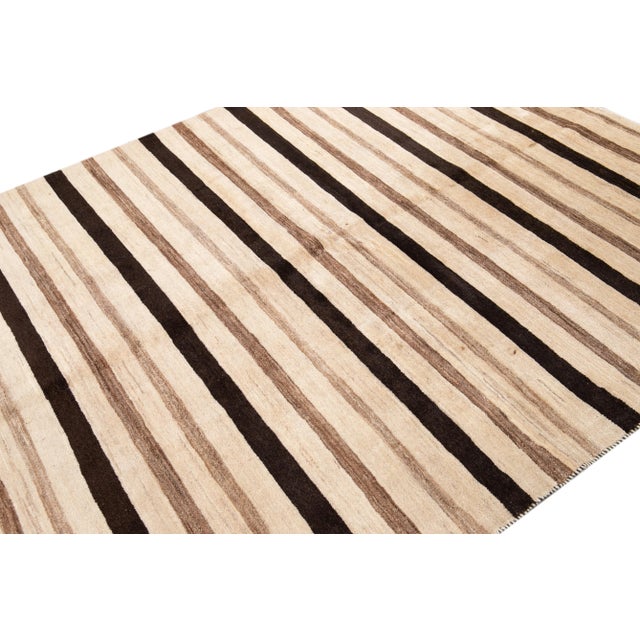Contemporary Beige Striped Modern Gabbeh Handmade Wool Rug For Sale - Image 3 of 7
