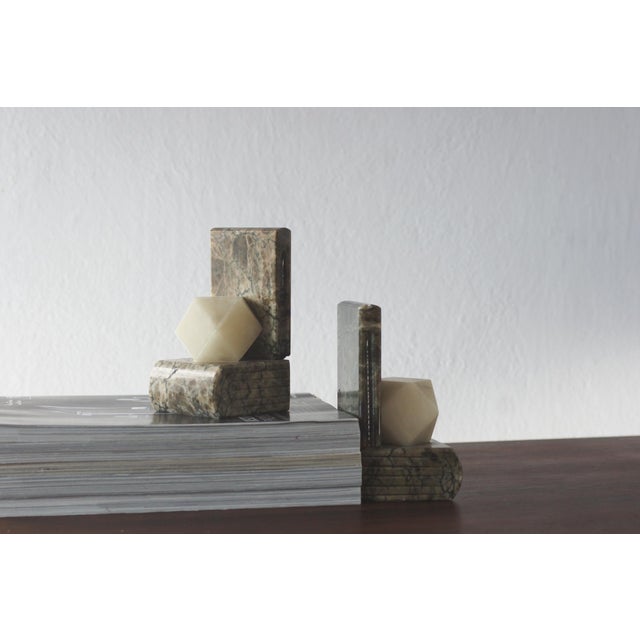 These Italian bookends are made of alabaster, a stone valued for its subtle translucency and pattern. They have a massive,...
