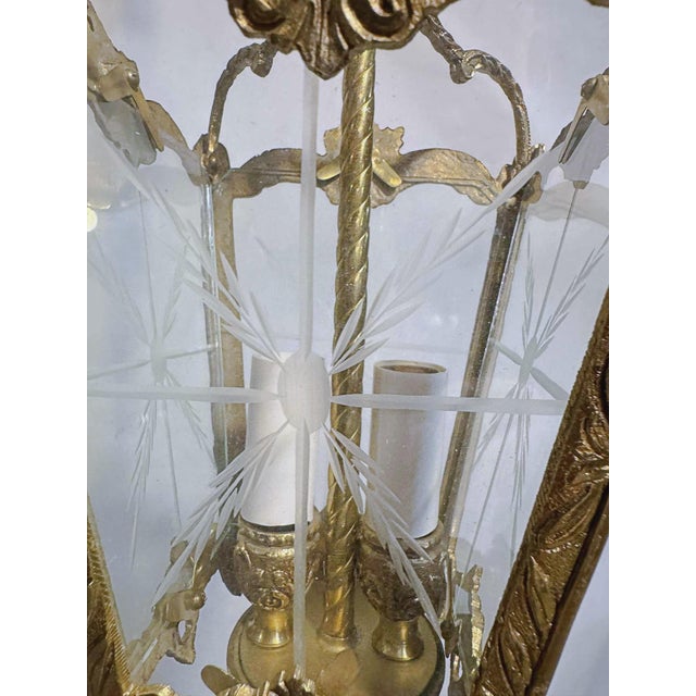 Vintage Bronze Lantern With Etched Glass Panels For Sale In New York - Image 6 of 7