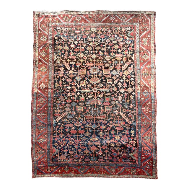 1920s NORTHWEST PERSIAN HERIZ VILLAGE CARPET Century Old Indigo-Ground Organic Wool & Dyes 8.9 x 11.9 For Sale