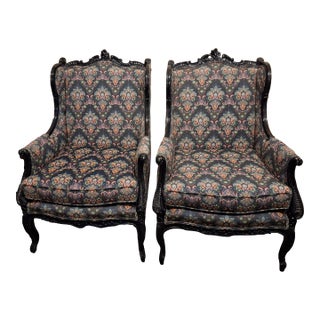 Early 20th Century Pr. Of Antique Rococo Style Paint and Hand Carved Upholstered Wingback Chairs - Set of 2 For Sale