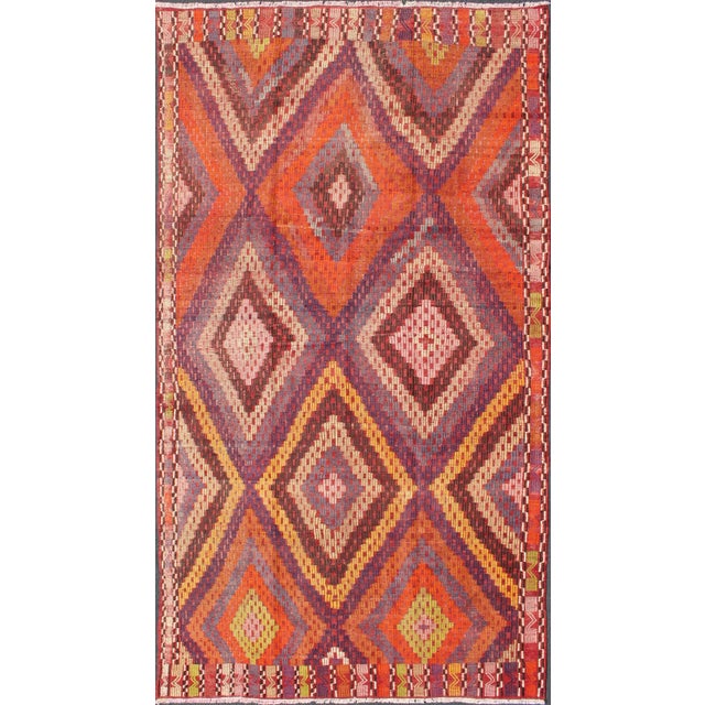 Mid 20th Century Hand Woven Vintage Turkish Embroidered Kilim Rug in Vivid Colors of Purple and Orange For Sale - Image 13 of 13