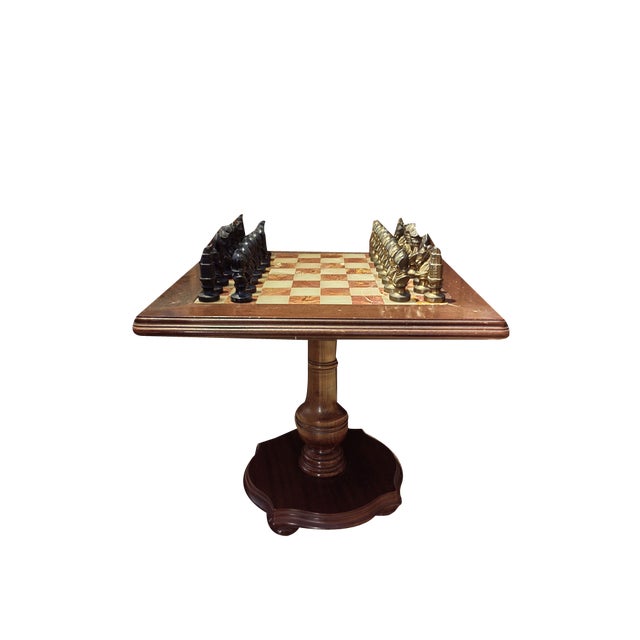 Rosewood Chess Table with Marble Top and Chess Set in Brass and Bronze, 1930s For Sale
