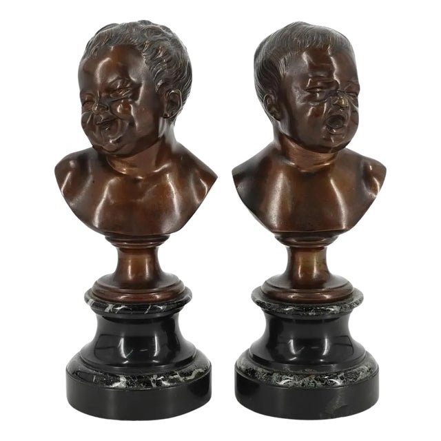 19th Century French Infant Bronze Busts After Jean Antoine Houdon - A Pair For Sale
