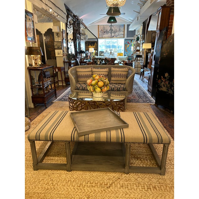 Very Large Classic Grey Wood & Upholstered Striped Ottoman For Sale In Philadelphia - Image 6 of 12