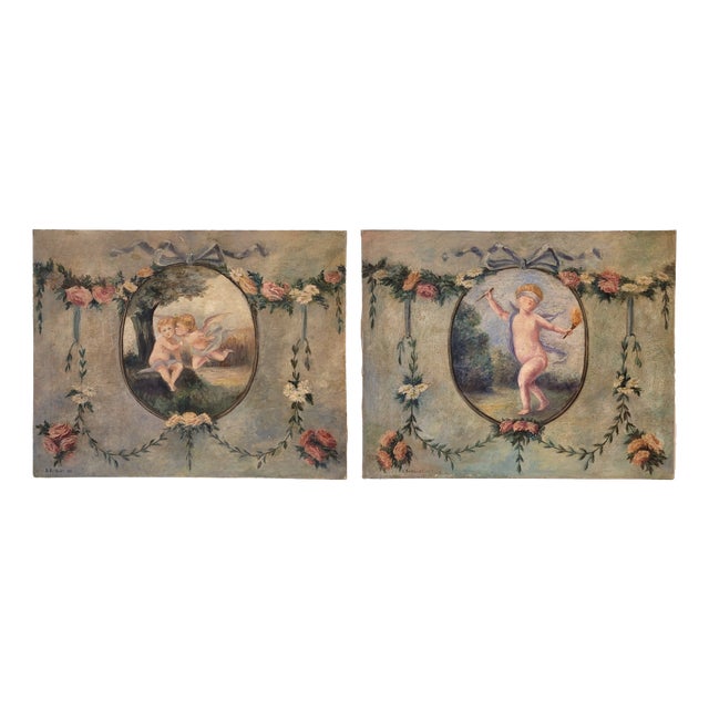 D. Berthault, Cherubs, France, 1922, Oil on Canvas, Set of 2 For Sale