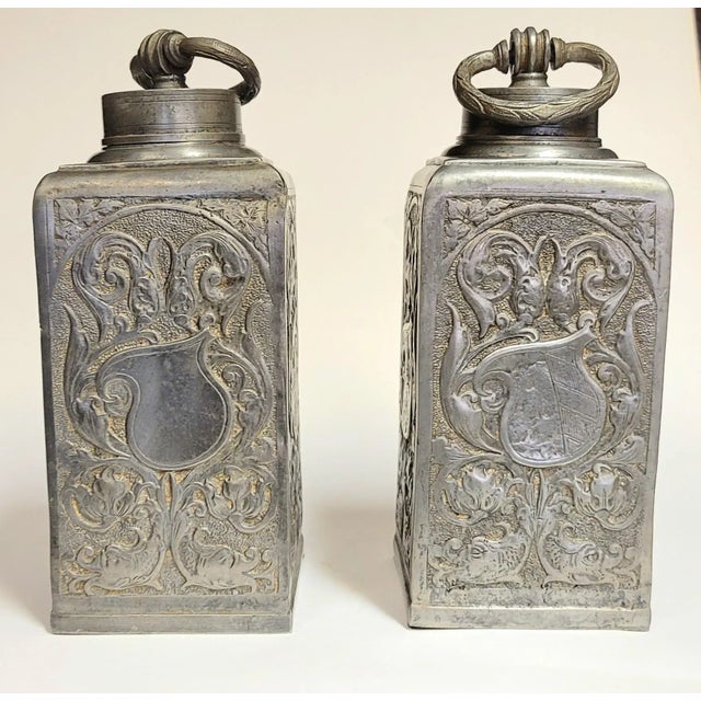 Pair of 1880s, Antique Pewter Tea Canisters Embossed With Heraldry, Germany For Sale - Image 4 of 8