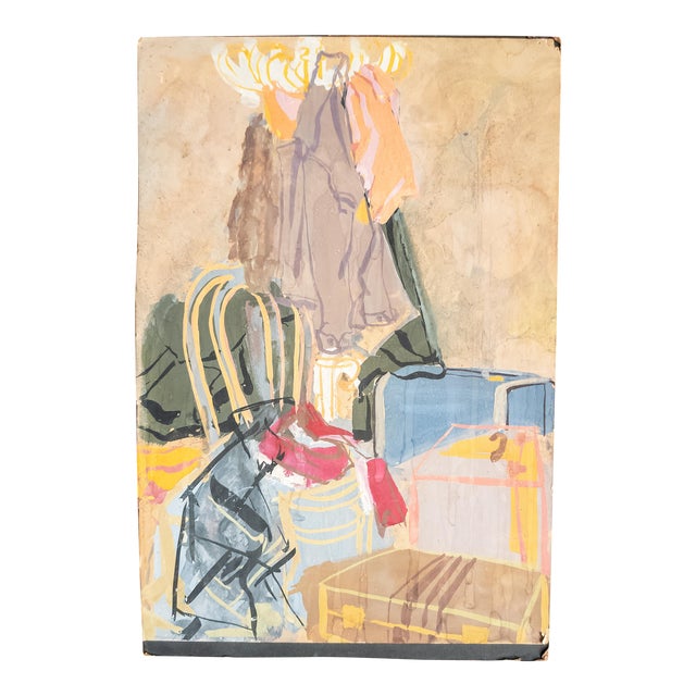 Mid-Century Gouache Painting of a Cluttered Corner, Unsigned For Sale