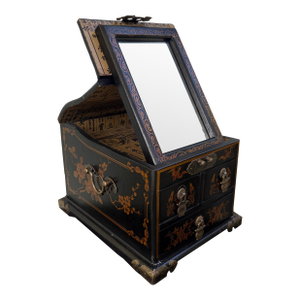VTG Chinese Wood Lacquered Dragon & Phoenix Fold-Away Mirror Jewelry Box