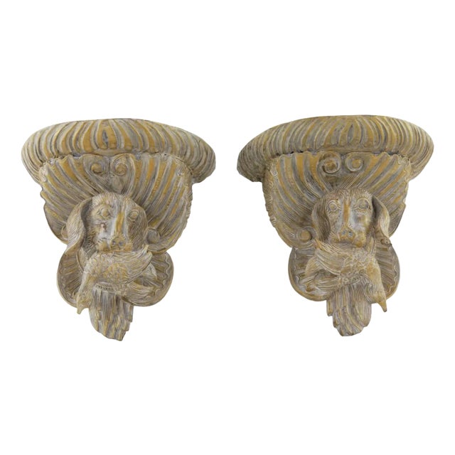 A Pair of Vintage Wooden Hand-Carved Gold Dog Head Wall Brackets For Sale