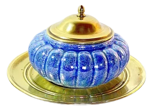 Blue & Brass Art Dec Jewelry Box or Decorative Ceramic Box, Italie 1940