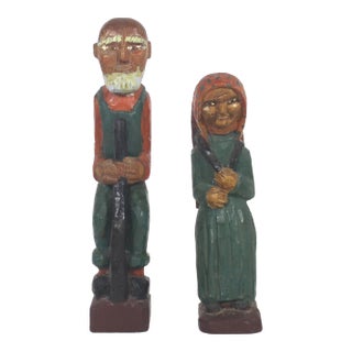 Vintage Hand Carved Painted Wood Man and Woman Folk Art Couple Figurines Carving, Shelf Decor For Sale
