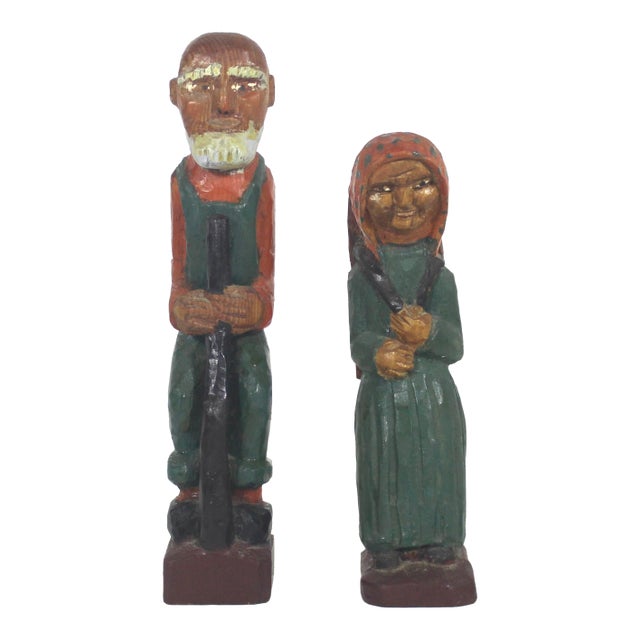 Vintage Hand Carved Painted Wood Man and Woman Folk Art Couple Figurines Carving, Shelf Decor For Sale