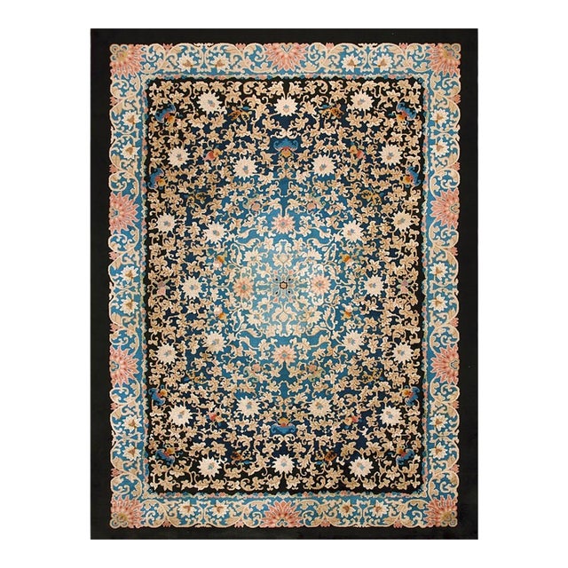 1920s Black Ground Field Flowers Cloud Bands Chinese Art Deco Room Size Rug For Sale
