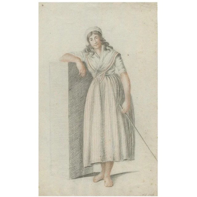 After Verburgh, Standing Woman with Staff, 1797, Chalk on Paper For Sale - Image 10 of 10