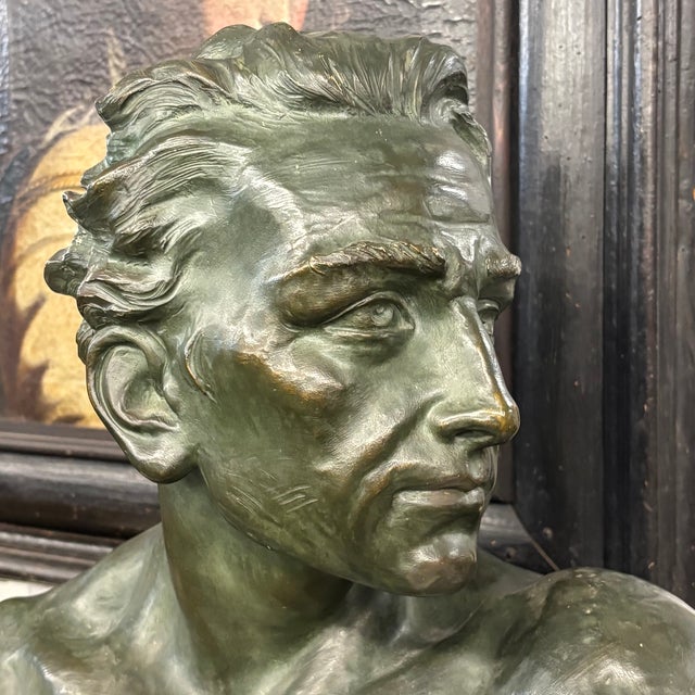 1930s Antique Art Deco Male Bust Sculpture from J. Domisse, 1930s For Sale - Image 5 of 13
