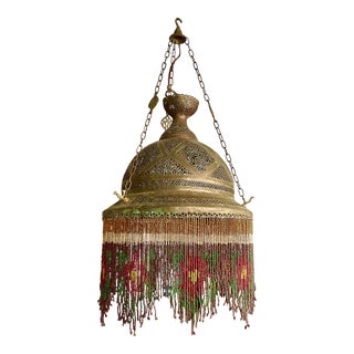 Antique Early 20th Century Dome Style Etched Brass Chandelier With Beads For Sale