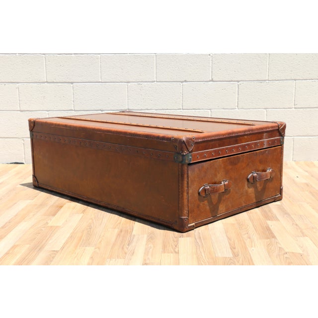 Restoration Hardware Vintage Leather Trunk Coffee Table | Campaign Style Storage Chest Cocktail Table For Sale - Image 14 of 18