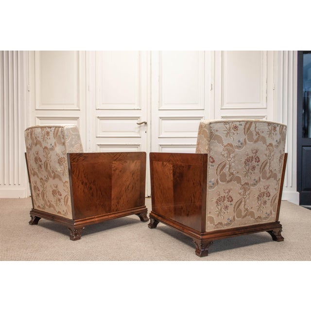 Vintage Swedish Grace Club Chairs with Tiger Wooden Side Panels and Jacquard, 1930s, Set of 2 For Sale - Image 6 of 14