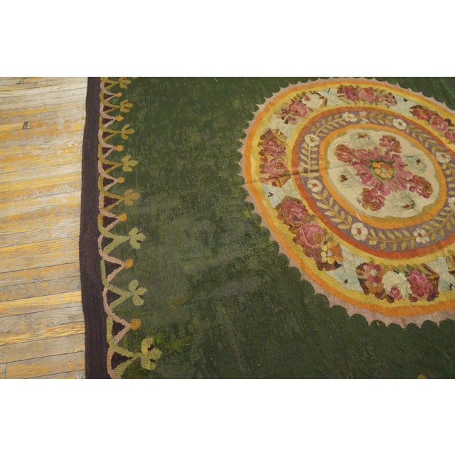 Early 19th Century Antique Green Color First Empire Floral Medallion Design French Aubusson Flatweave Rug Carpet For Sale - Image 4 of 7