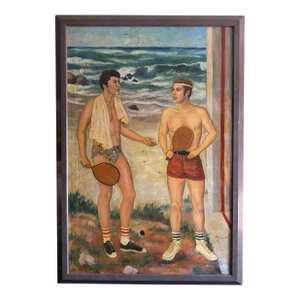 Young Men Playing Pickleball at the Beach Painting, From the Collection of Seymour Stein