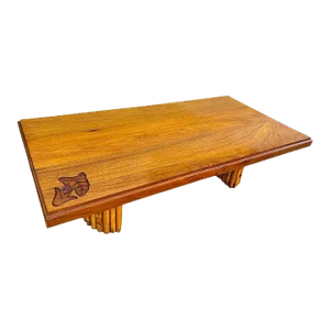 1950s Mid-Century Hand Carved Koa Wood Coffee Table W/ Stacked Rattan Legs