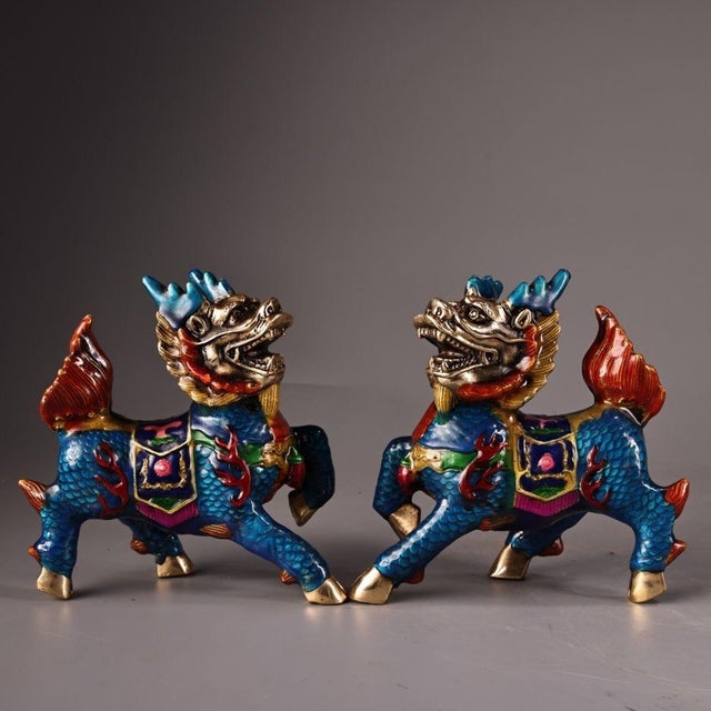Late 19th Century Pair of Cloisonné Enamel Qilin Statues, Mythical Beast Figures, 700g Each For Sale - Image 4 of 8