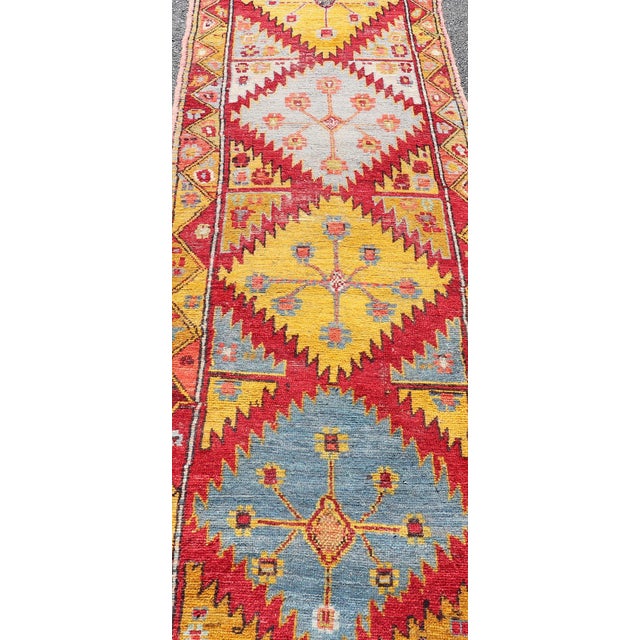Vintage Turkish Oushak Runner With Bold Gold, Red, and Sky Blue Medallions For Sale - Image 4 of 13