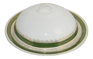 Antique Altwasser Round Domed Butter Dish German Porcelain Green & White 3 Piece Set