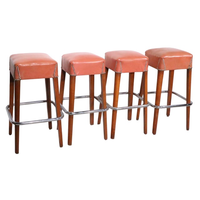 Brown Mid 20th Century Set of Four Mid Century Art Deco Bar Stools For Sale - Image 8 of 14