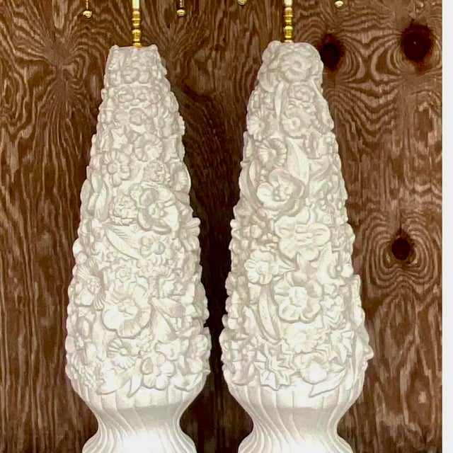 Vintage Coastal Monumental Plaster Floral Table Lamps - a Pair For Sale - Image 10 of 12