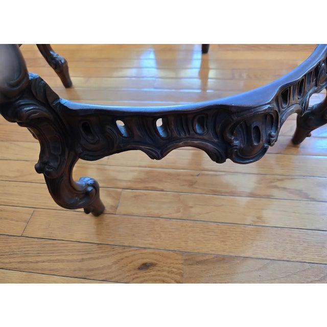 Late 19th Century Vintage Carved Round Wood French Accent Table Figural With Floral Inlay Marquerty & Ornate Carved Base Neo Classical For Sale - Image 5 of 9