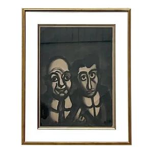 Vintage Boho Signed Abstract Lithograph of Two Men