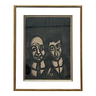 Vintage Signed Expressionist Double Portrait Lithograph For Sale
