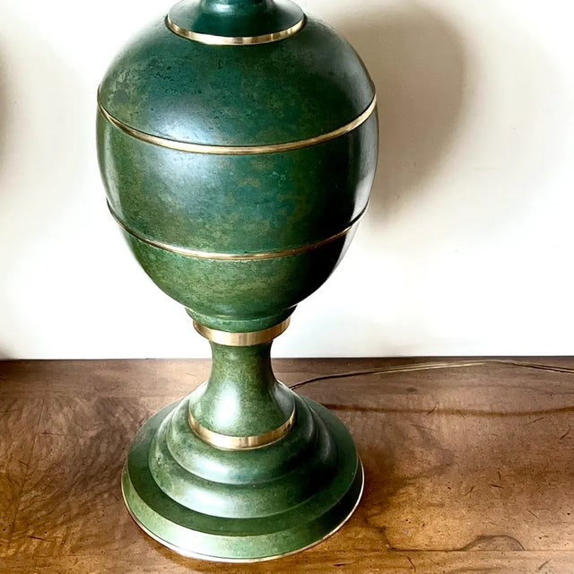 1930s Vintage Table Lamps in Green Metal With Gold, Attributed to Carl Sorensen, a Pair For Sale - Image 5 of 11