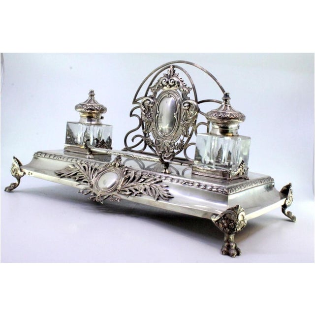 Relief Silver and Glass Inkwell with Monogram Cards, Frieze and Claw-Shaped Feet with Wooden Base For Sale - Image 5 of 7