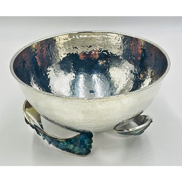 1950s Los Castillo 1950s Silver Bowl With Malachite-Inlaid Fish Base, Taxco, Signed For Sale - Image 5 of 18