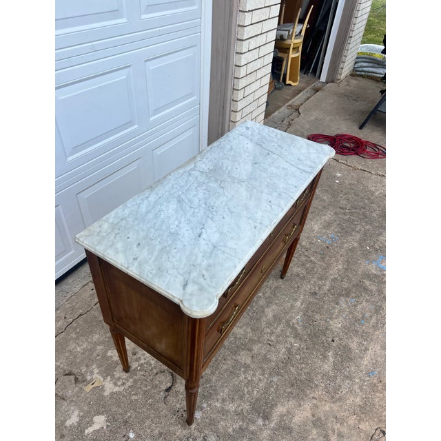French 19th Century Louis XVI Walnut Carrara Marble Top Chest of Drawers For Sale - Image 10 of 12